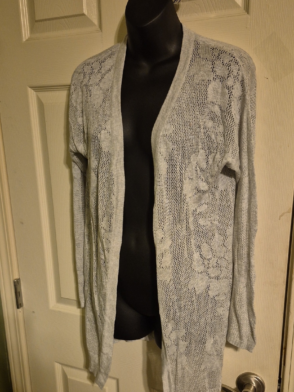 Belldini Light Gray Lace-Pattern Open Cardigan